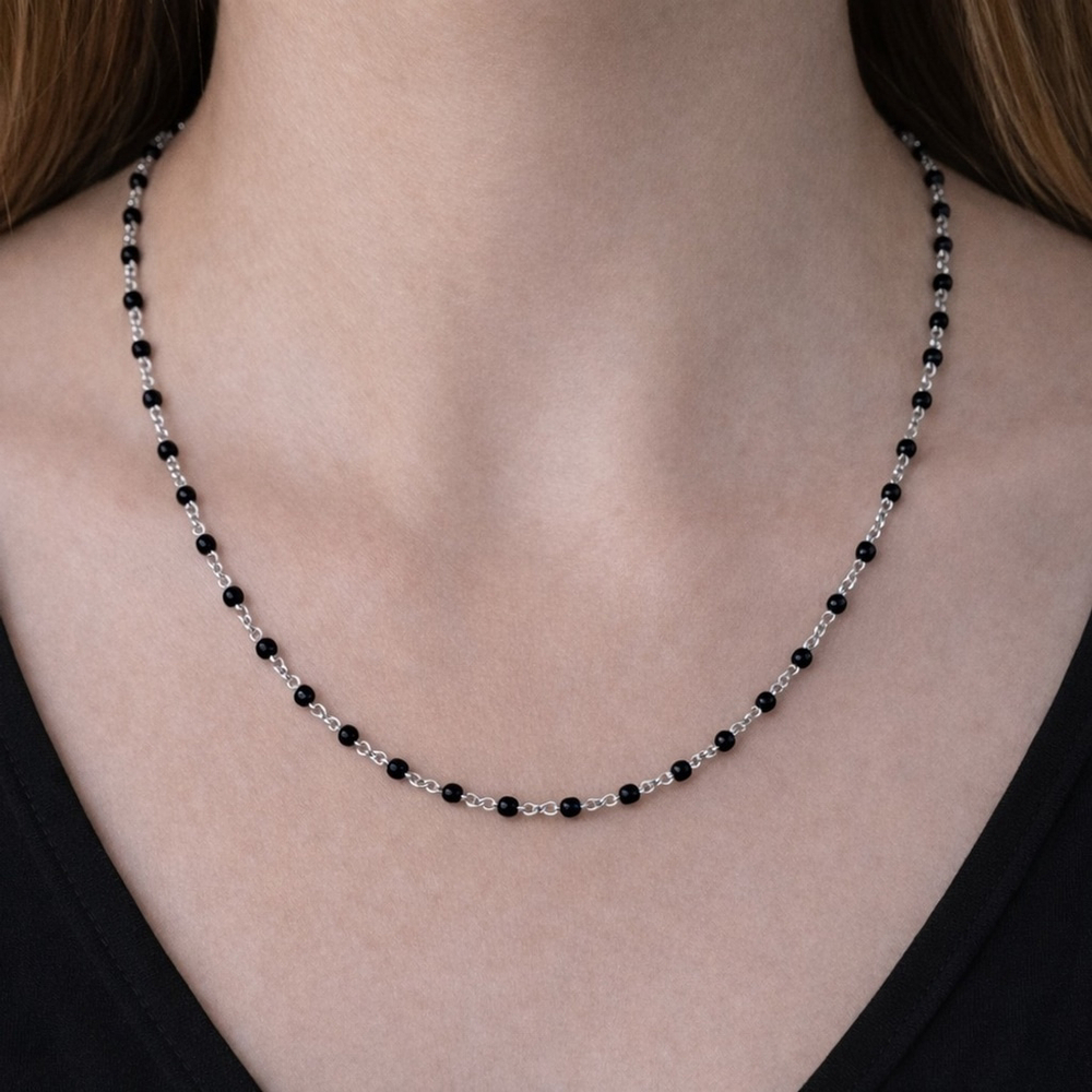 Necklace - 18” Stainless Steel Silver tone Necklace with jet black Bead Accents